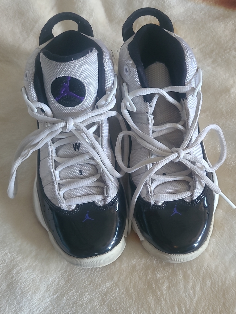 Jordan Kids White and Black Sneakers with Purple Jumpman